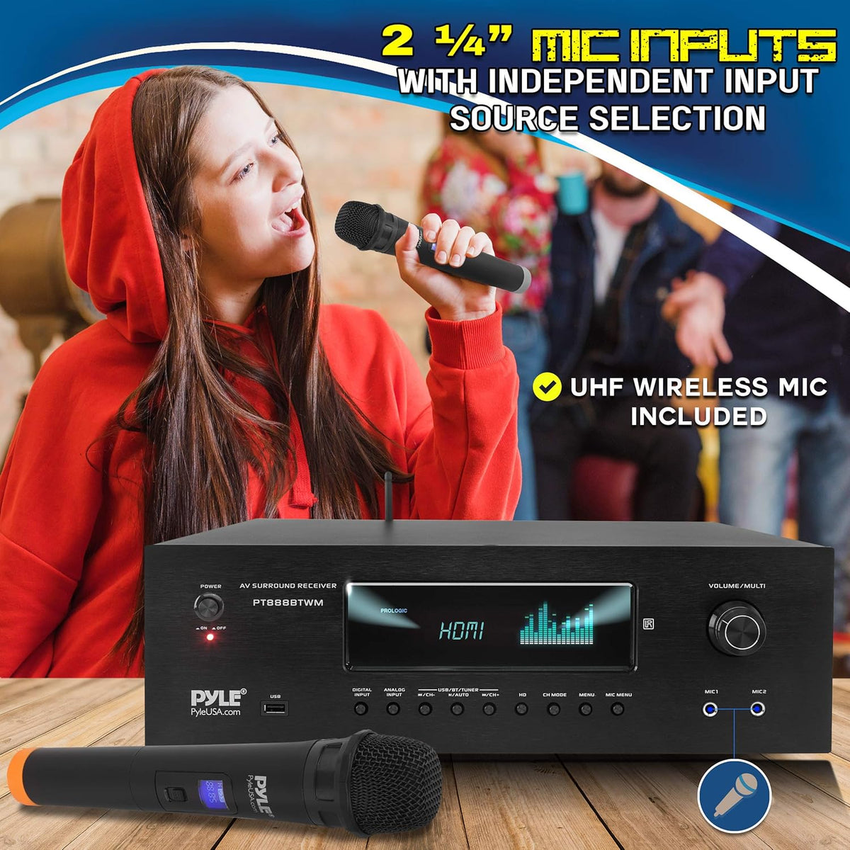 1000W Bluetooth Stereo Amplifier with 2 UHF Wireless Microphone W437175