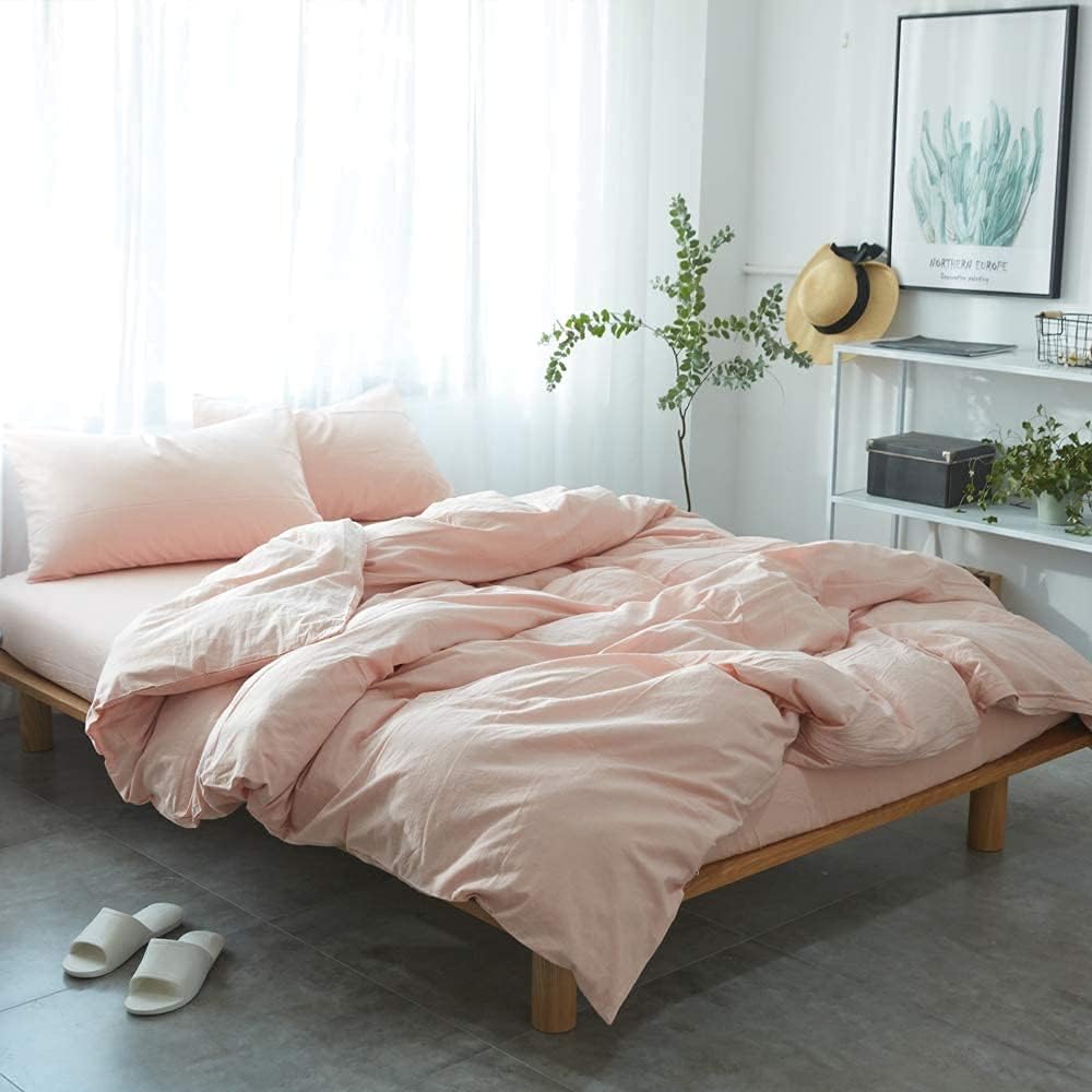 Yellow 100% Natural Washed Cotton Duvet Cover with Closure Ties (3pcs, Queen) V9093