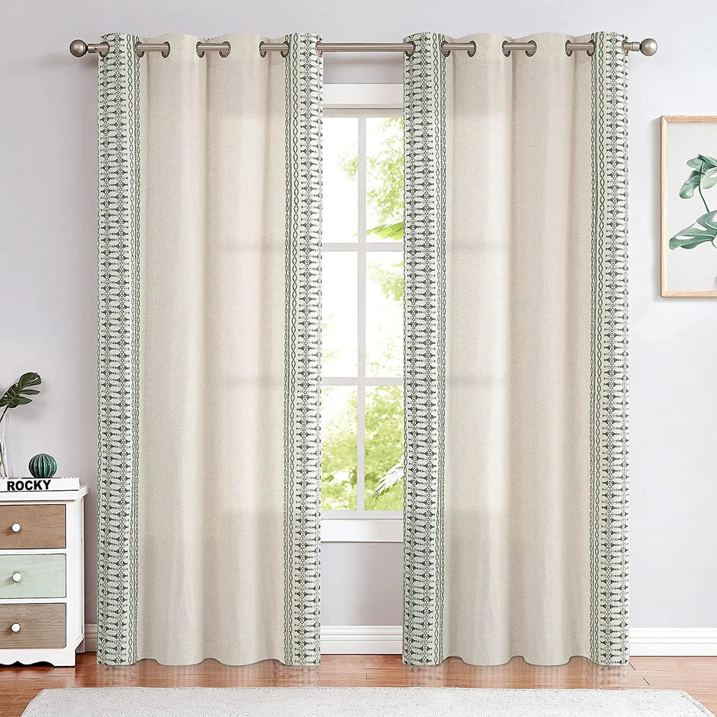 Sage on Beige Semi Sheer Linen Curtains 84 Inch Grommet 2 Panels A446552