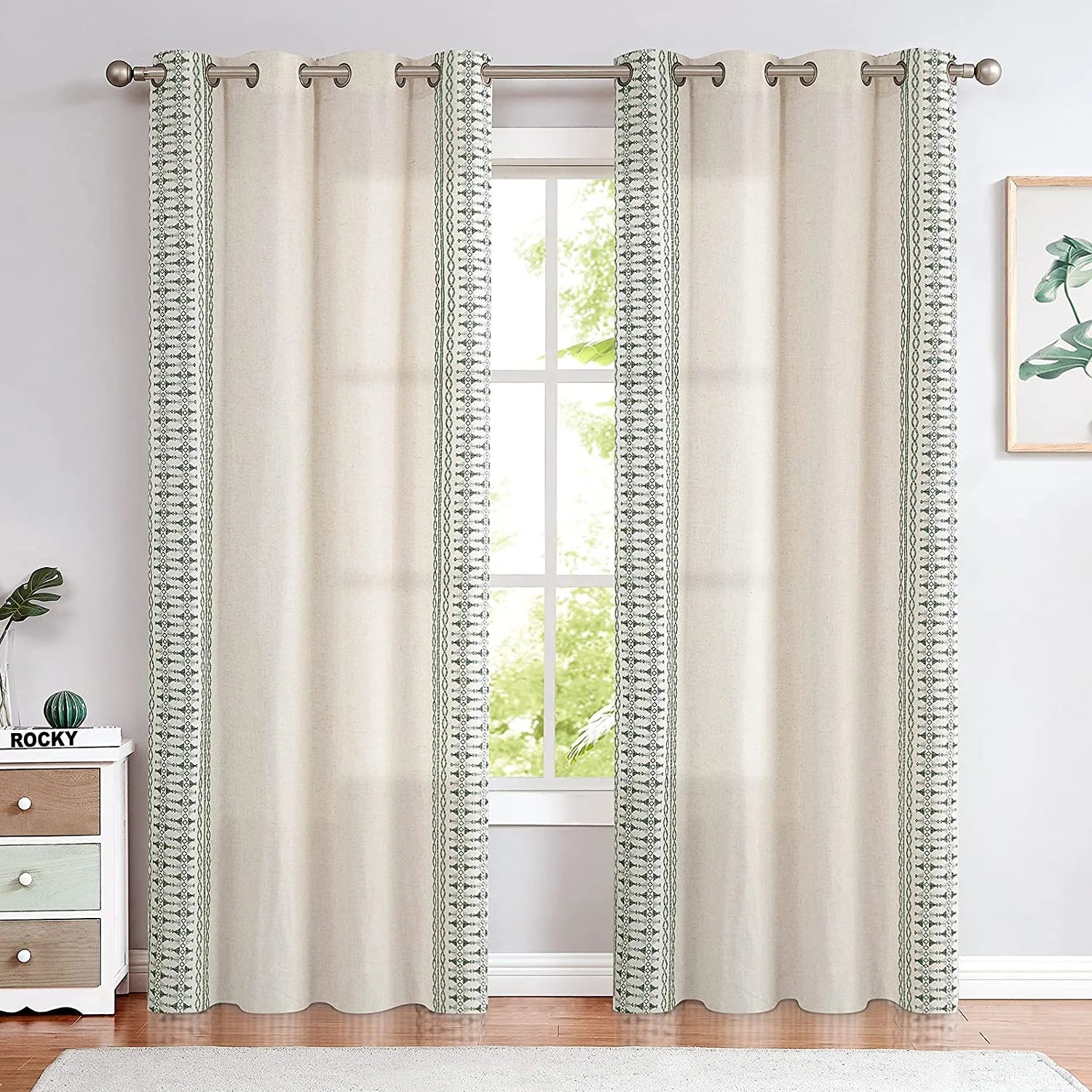 Sage on Beige Semi Sheer Linen Curtains 84 Inch Grommet 2 Panels A446552