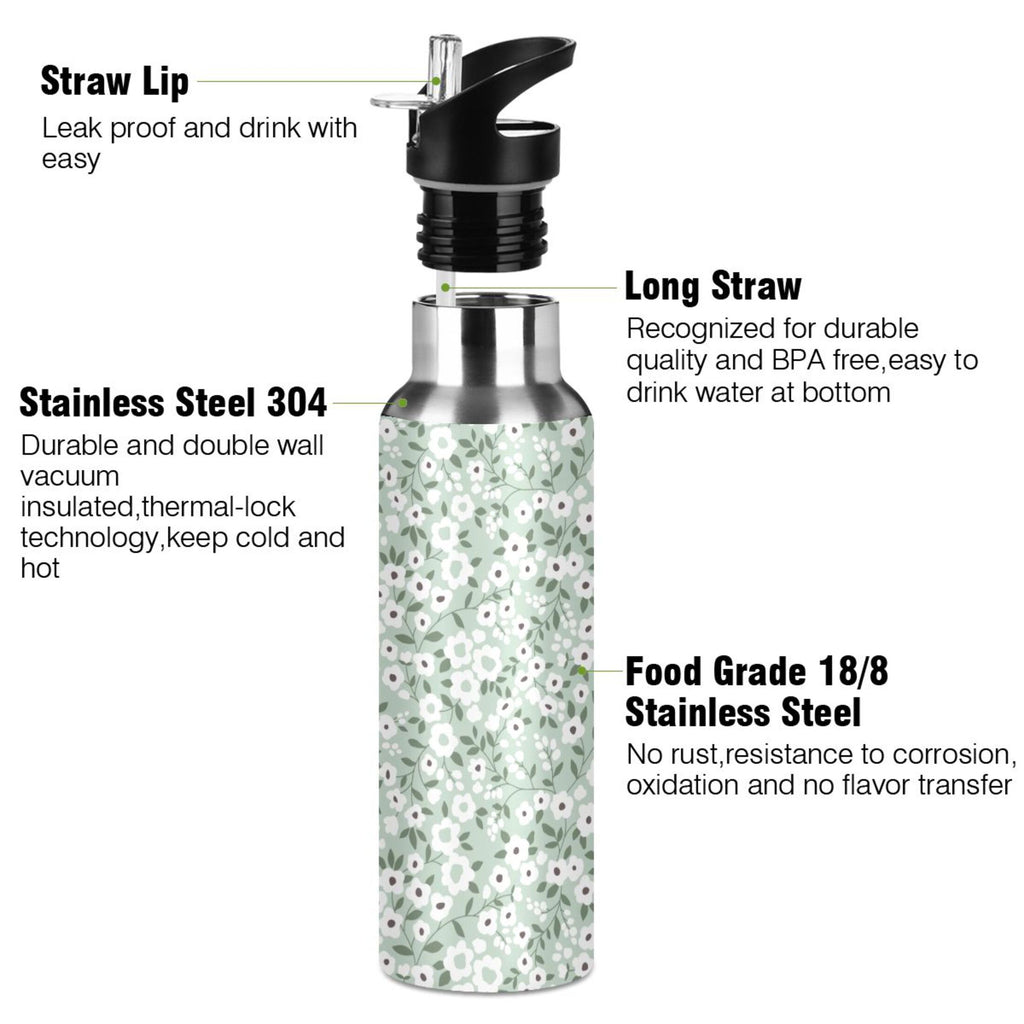 White Floral Green 20 OZ Stainless Steel Water Bottle with Straw Lid T784215
