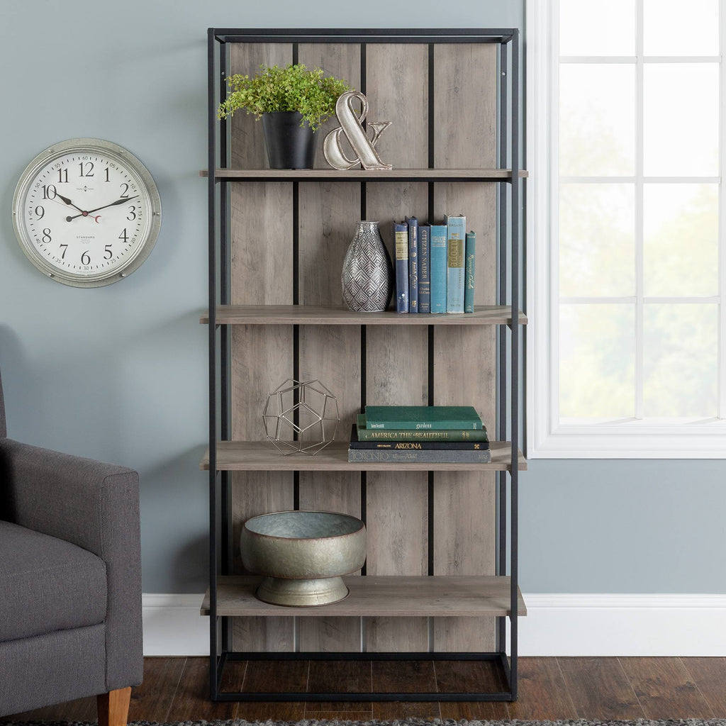 Grey Wash Black Metal Farmhouse Bookcase L92307
