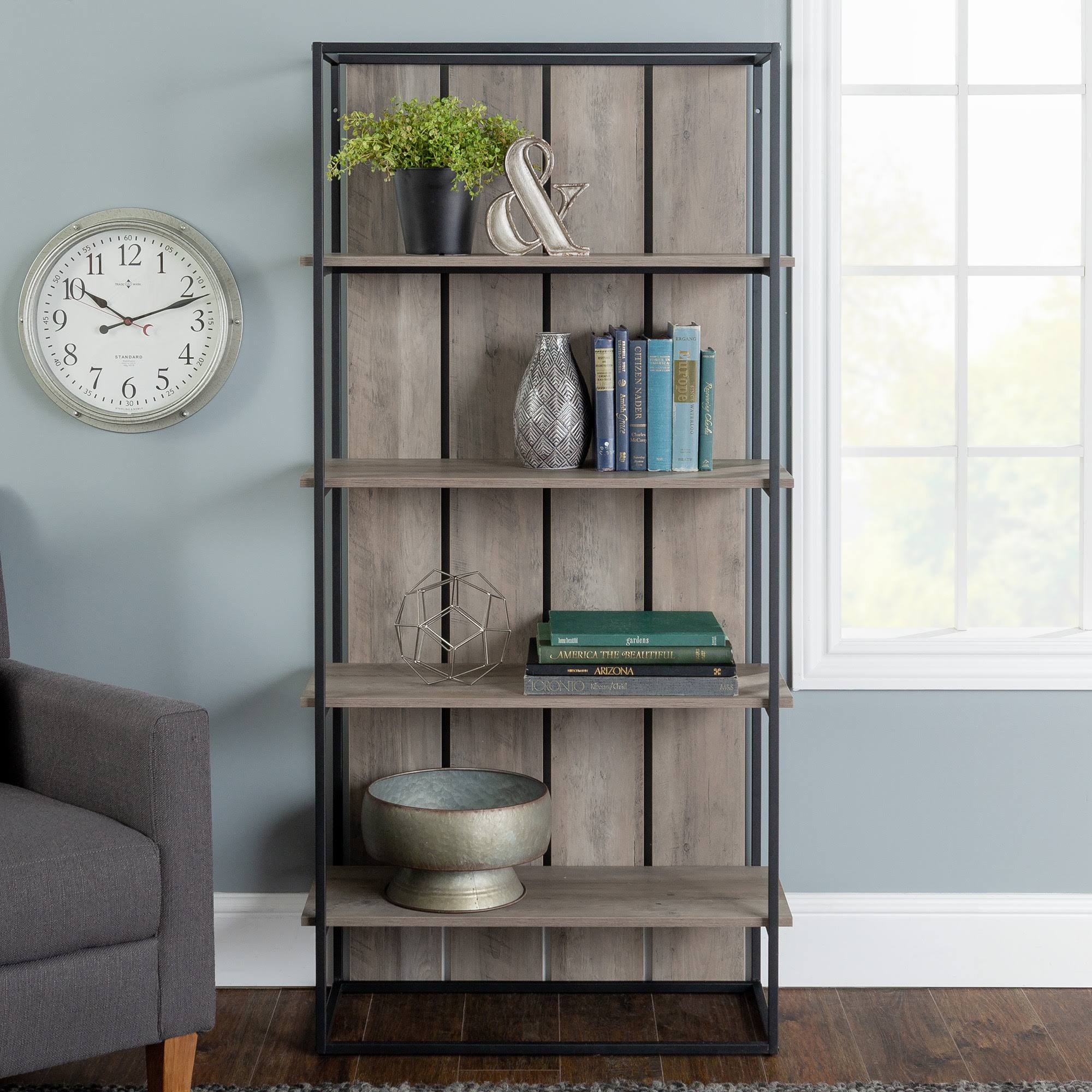 Grey Wash Black Metal Farmhouse Bookcase L92307