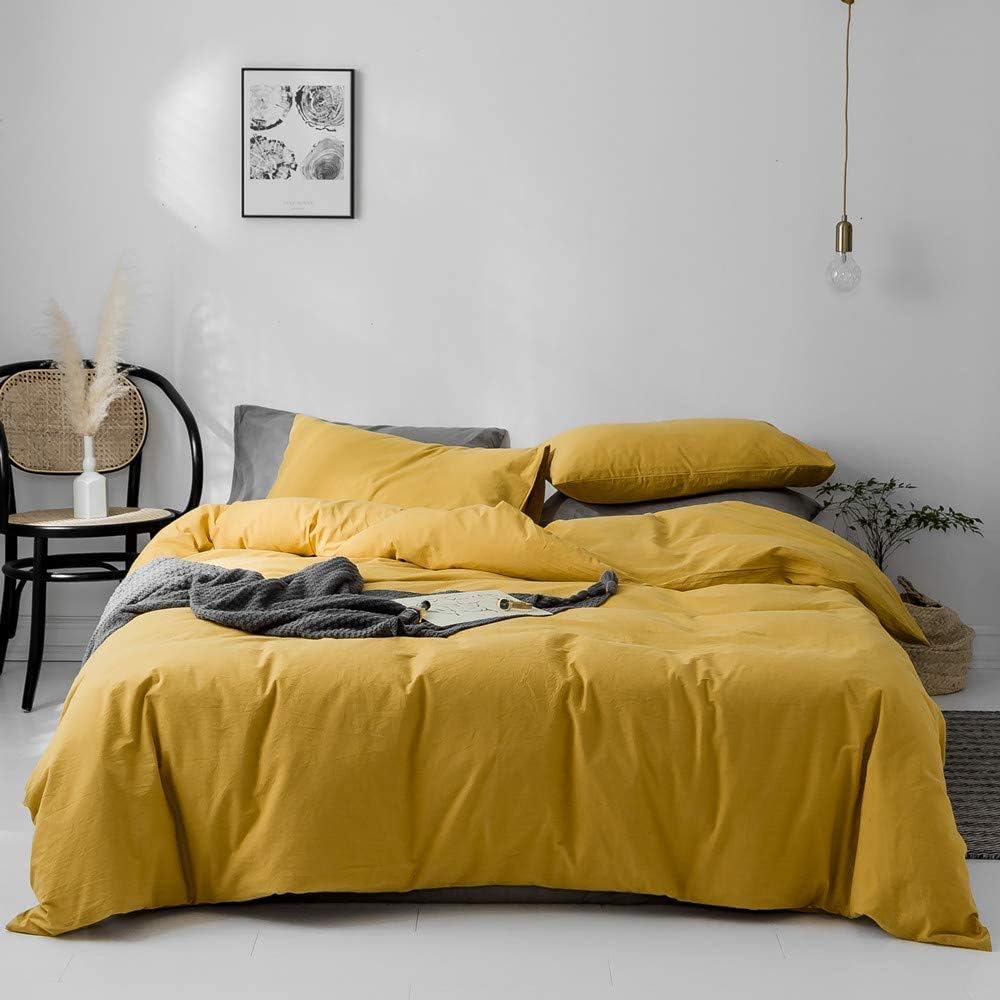 Yellow 100% Natural Washed Cotton Duvet Cover with Closure Ties (3pcs, Queen) V9093