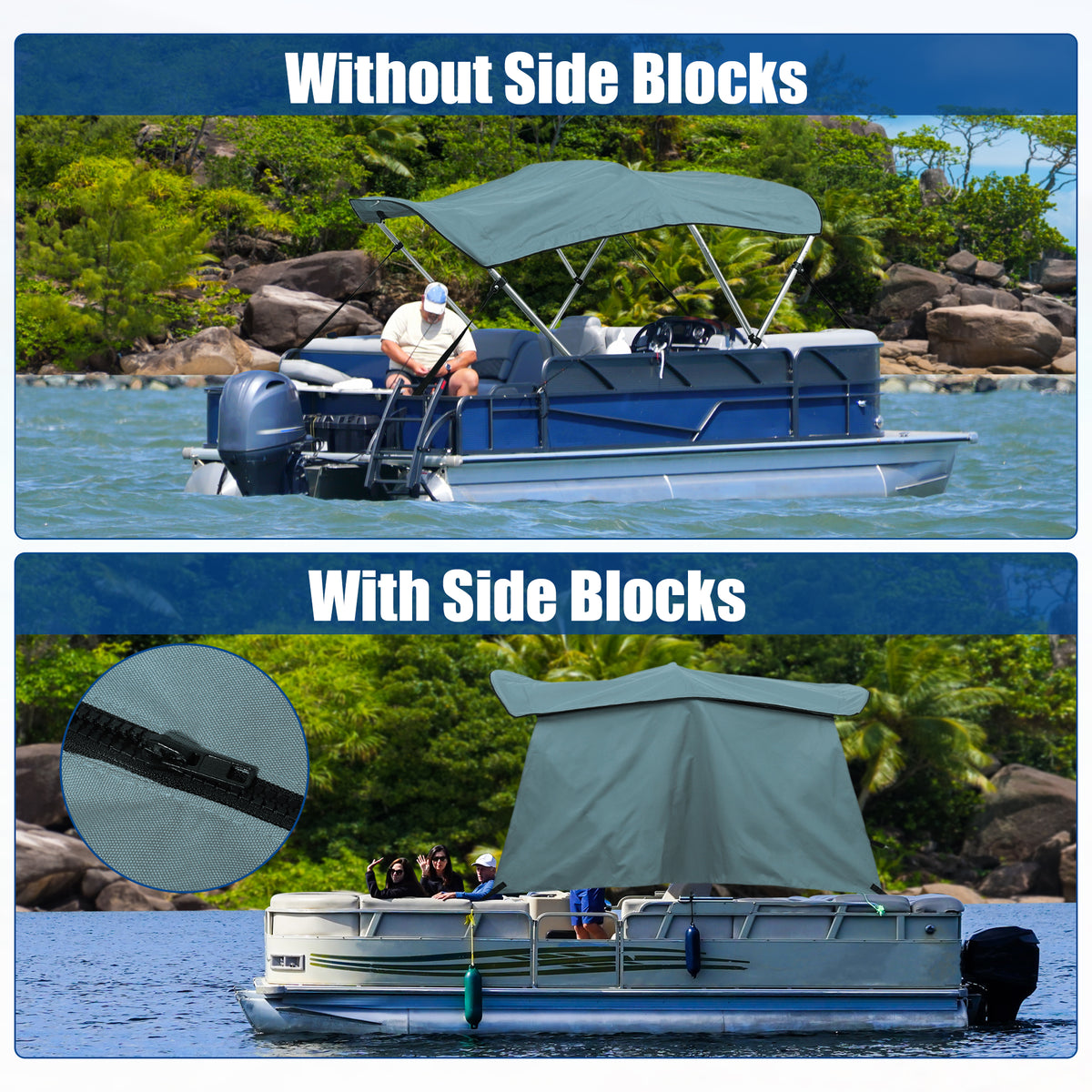 600D 3 Bow Bimini Top Canvas Cover with Detachable Side Blocks Storage Boot Gray P863