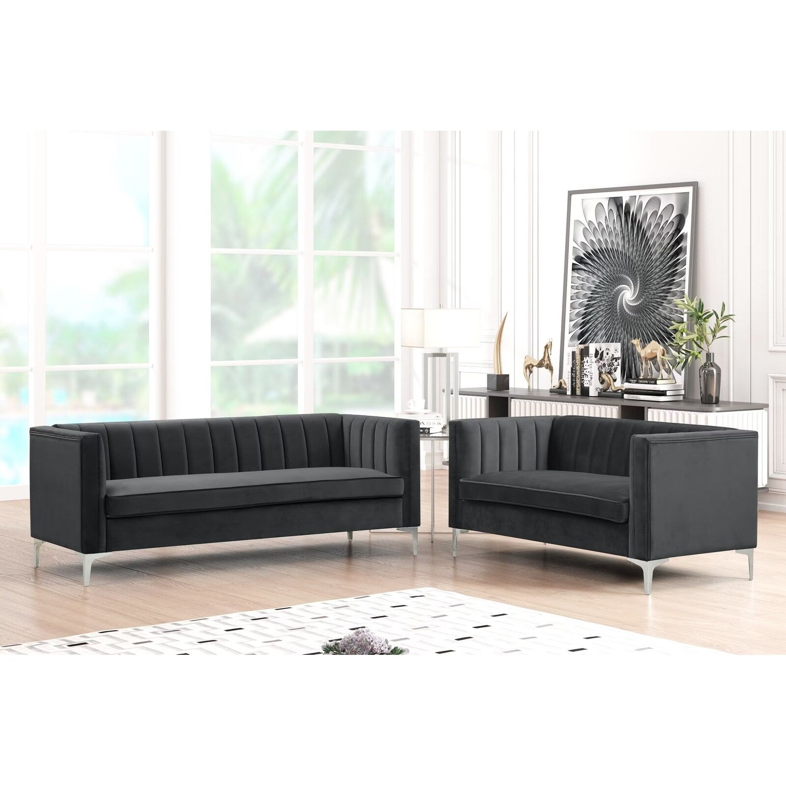Grey Dutch Velvet Loveseat and Sofa Couch Set with Iron Legs N454