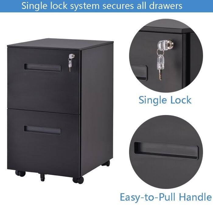 Black Metal 2-Drawer Mobile Vertical Filing Cabinet W371