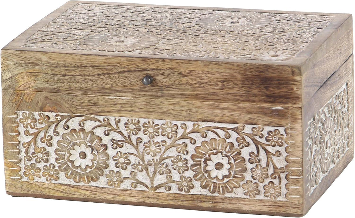 Natural Rectangular Carved Floral Wooden Boxes with Lid Set of 3 I648420