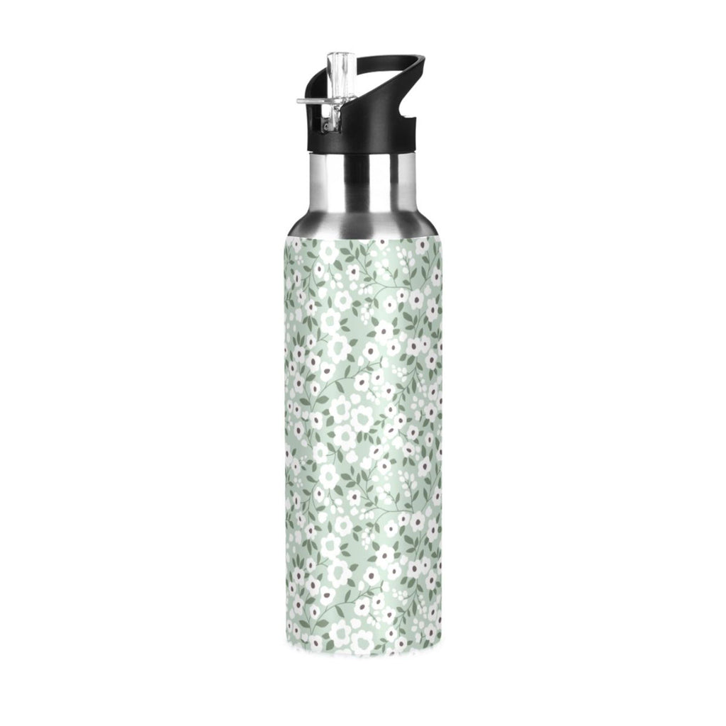White Floral Green 20 OZ Stainless Steel Water Bottle with Straw Lid T784215