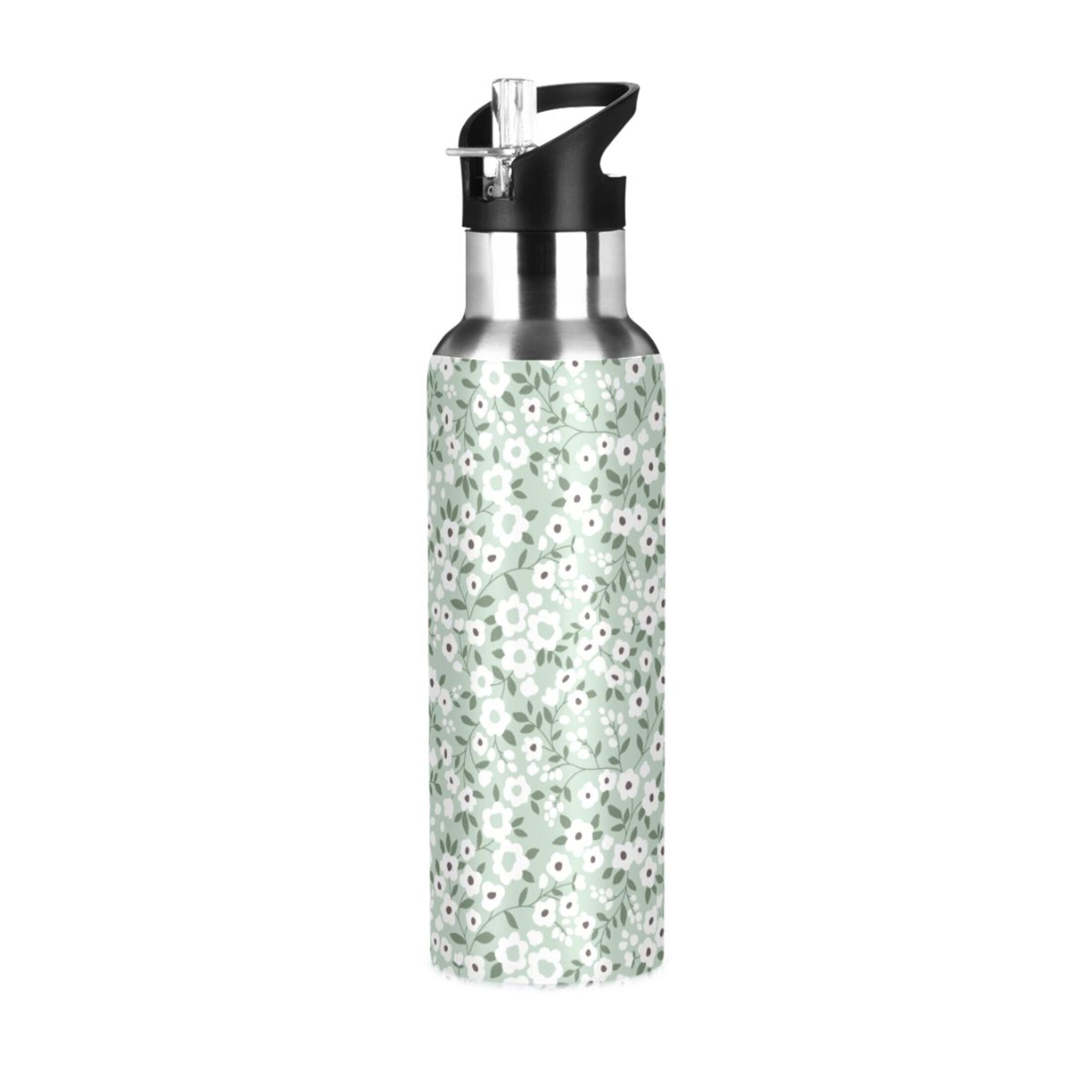 White Floral Green 20 OZ Stainless Steel Water Bottle with Straw Lid T784215
