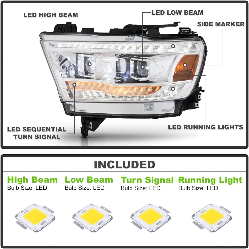 Chrome LED DRL Sequential Signal Dual Projector Headlights W1066