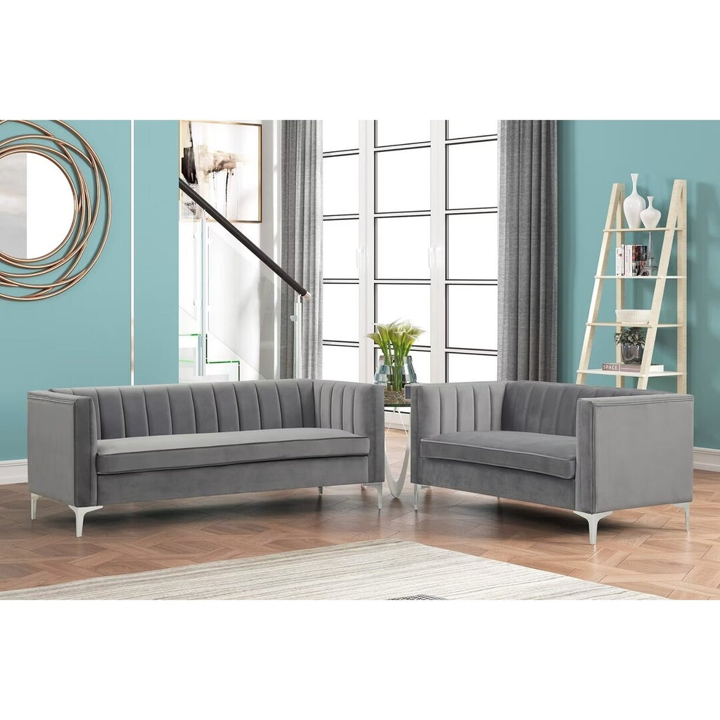 Grey Dutch Velvet Loveseat and Sofa Couch Set with Iron Legs N454