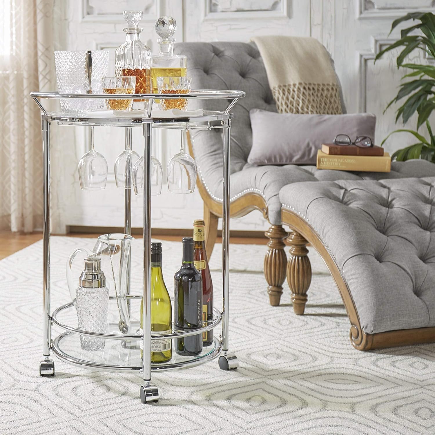 Round Chrome Metal Glass Top Bar Cart E171