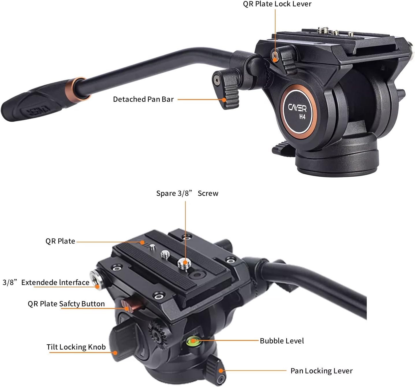 Video Fluid Head Tripod Pan Head with 60 mm Flat Base, 2-Section Pan Bar Handle, Sliding Plate, Max Loading 13.2LB, Pack of 2 W86143
