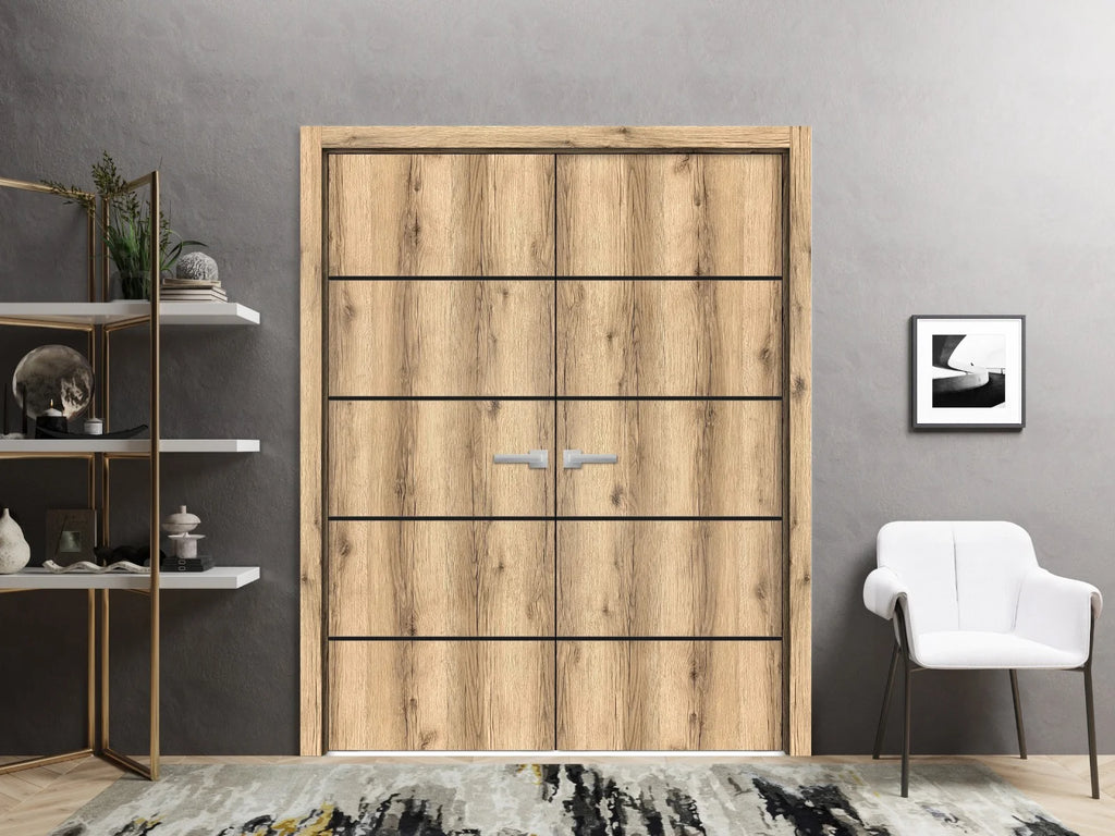 Solid French Double Doors 48 x 80 inches Oak with Frosted Glass Wood Solid Panel Frame Trims X306