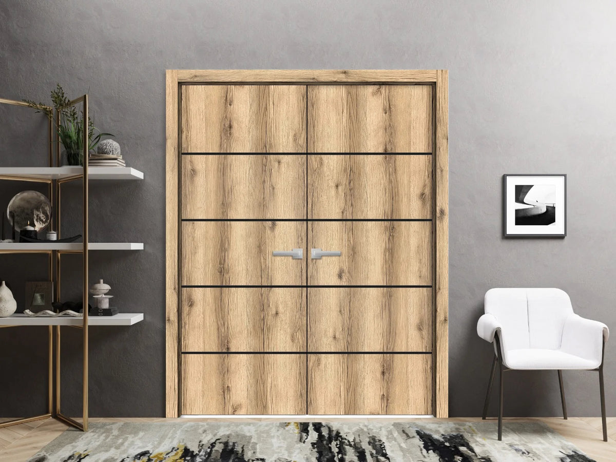 Solid French Double Doors 48 x 80 inches Oak with Frosted Glass Wood Solid Panel Frame Trims X306
