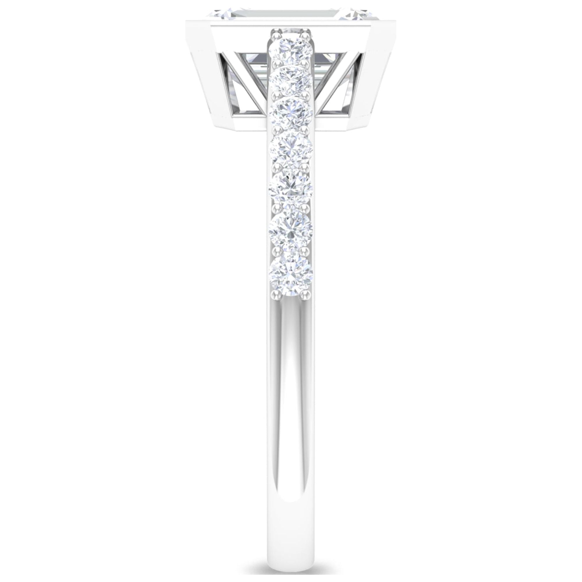 Octagon Cut Moissanite Solitaire Ring in Bezel Setting with Surface Side Stones, 10K White Gold, US 3.50 M2489