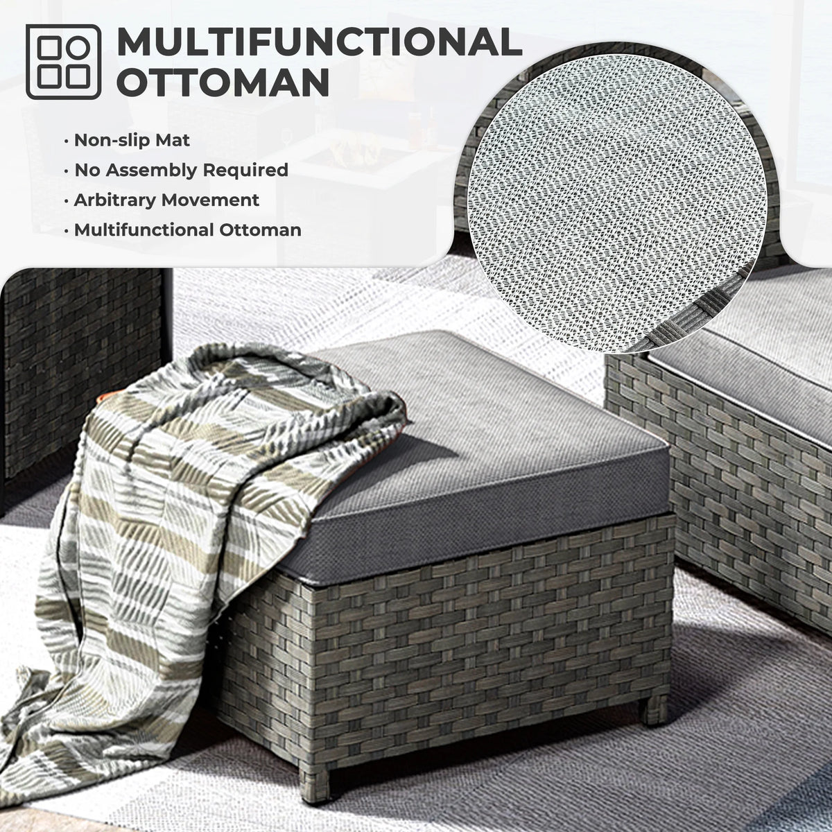 Grey 10 Piece Wicker Patio Conversation Set with Sofa, Ottoman, Fire Pit, Swivel Rocking Chairs J593976