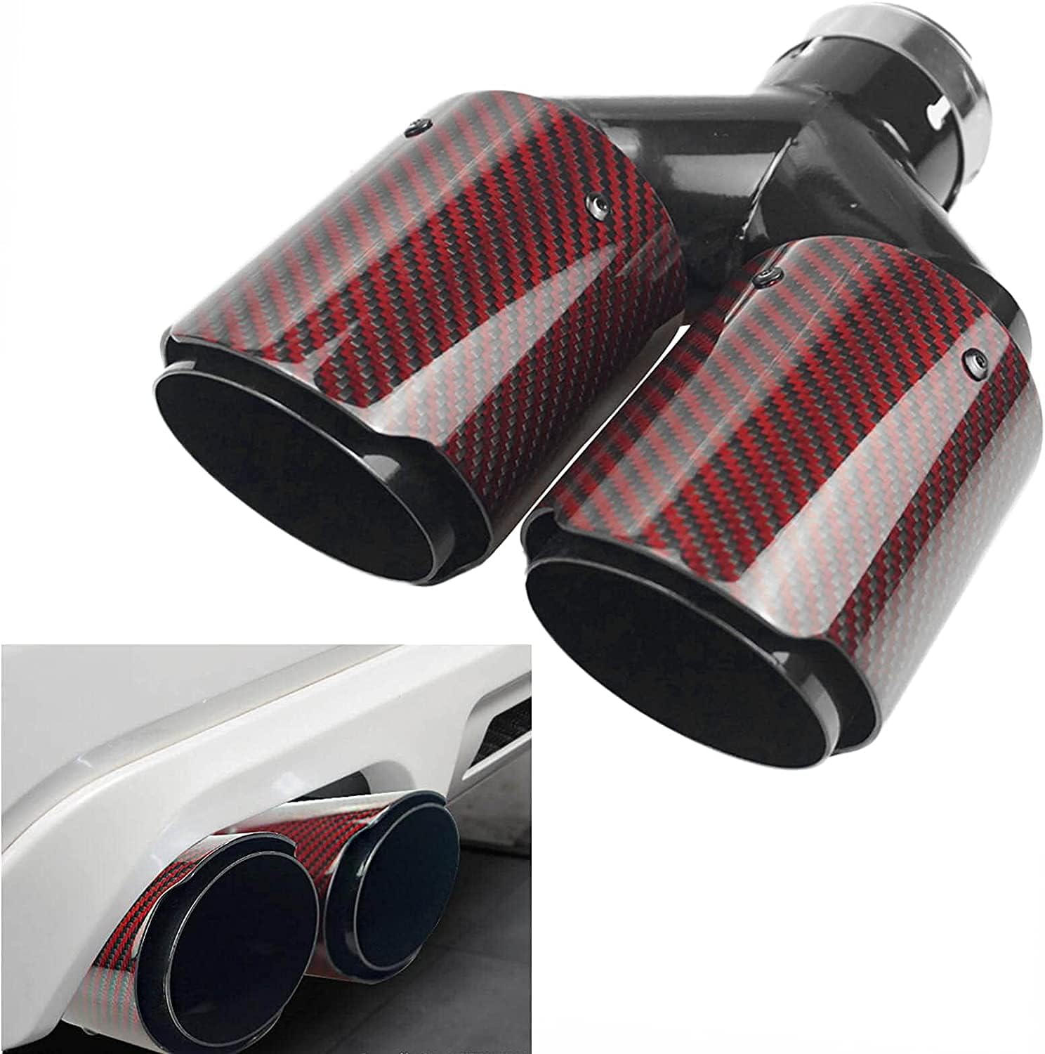2.5 Inlet 63MM Double Exhaust Tip Carbon Car Tail Tip 3.5 Outlet Glossy Red and Black U755995