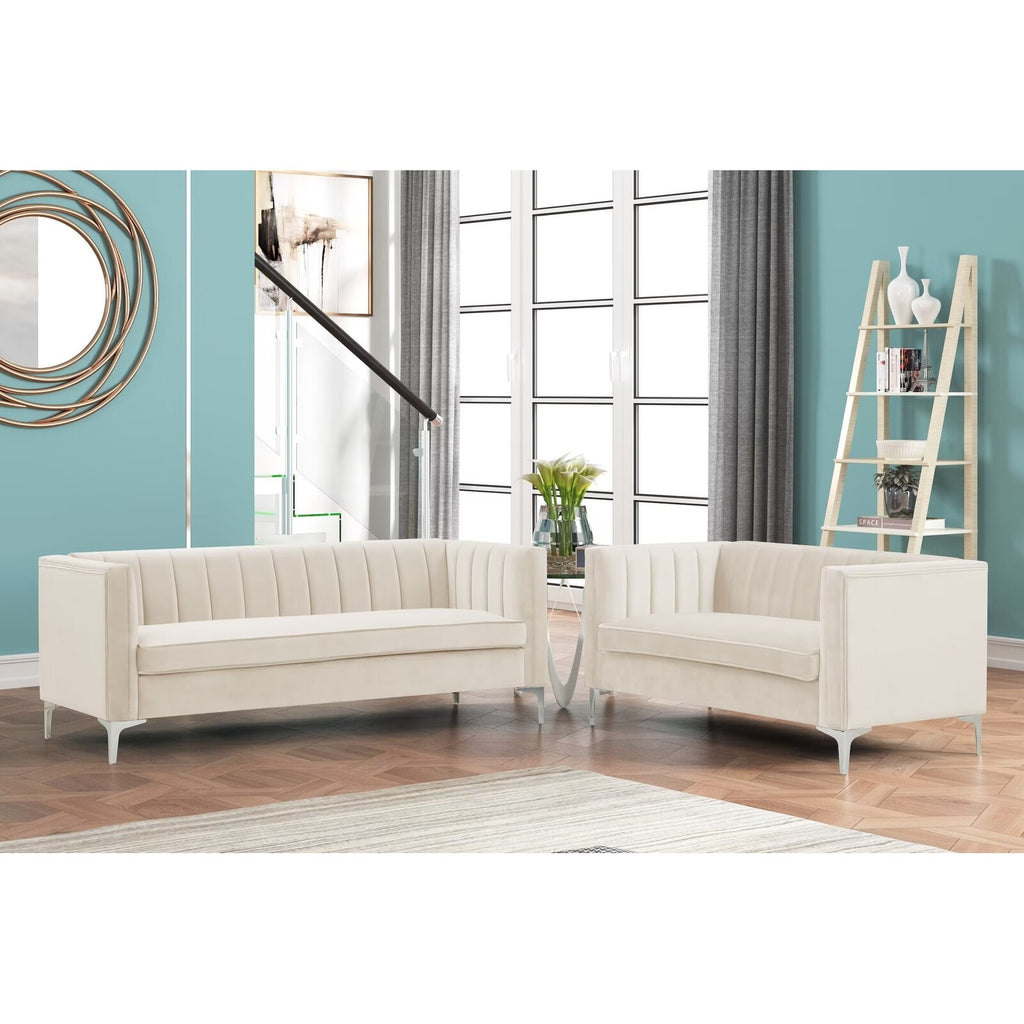 Grey Dutch Velvet Loveseat and Sofa Couch Set with Iron Legs N454