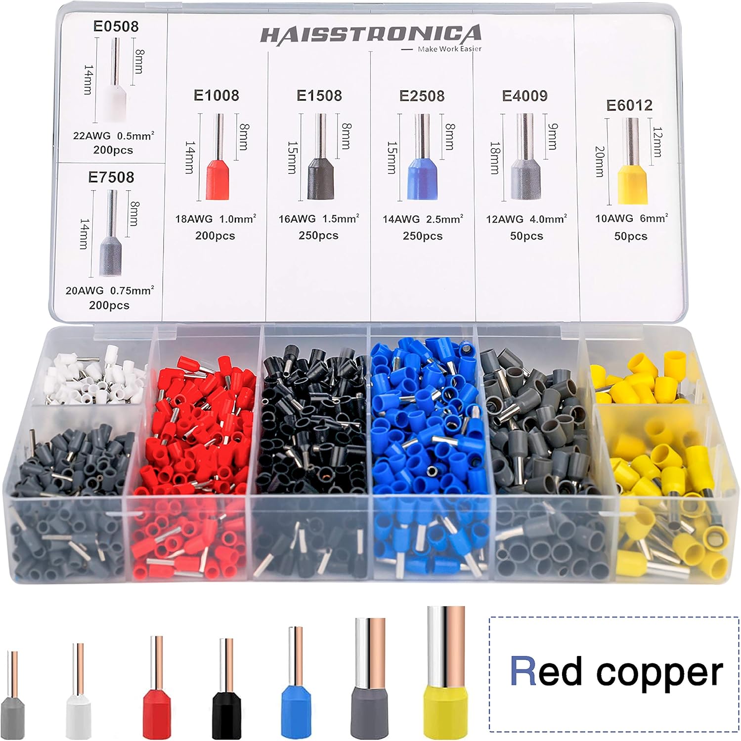 Hexagonal Wire Crimper Plier with 1200PCS Red Copper Wire End Terminals K7773