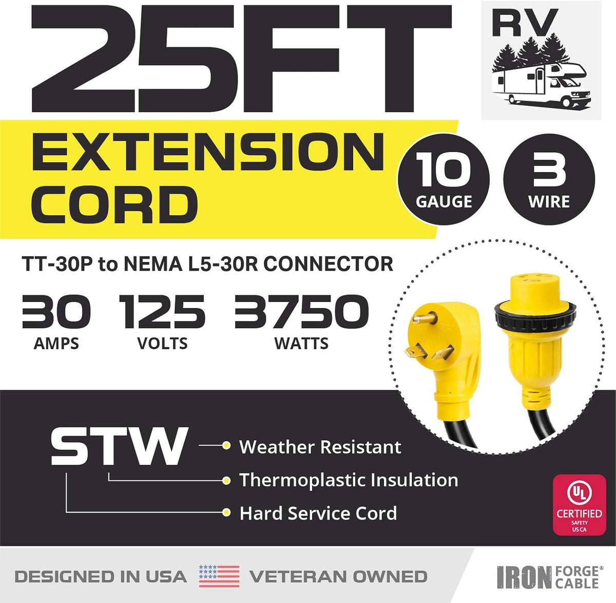 30 Amp RV Extension Cord 25 Ft 10/3 STW TT-30P to NEMA L5-30R 125v Power Cord Q93677