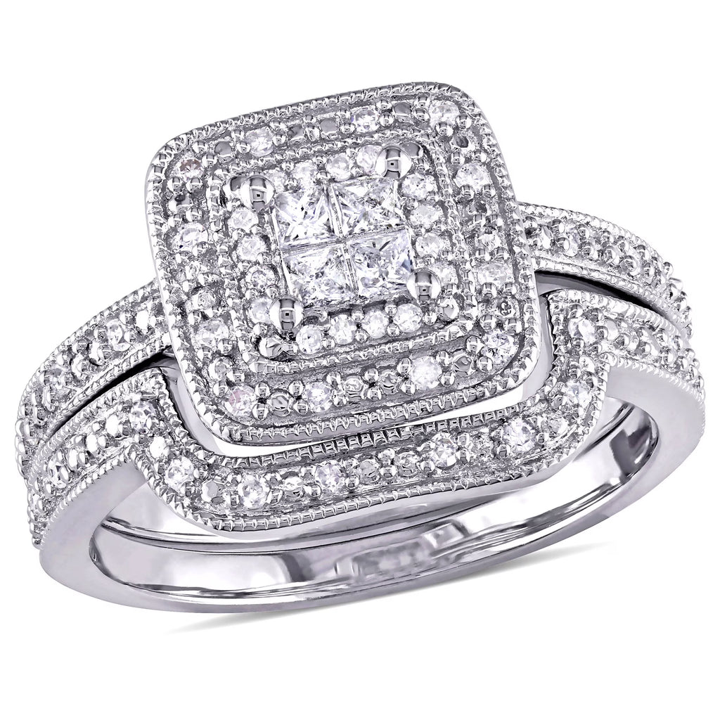 Bridal Set with Princess and Round-Cut Diamond Sterling Silver Halo Set E320