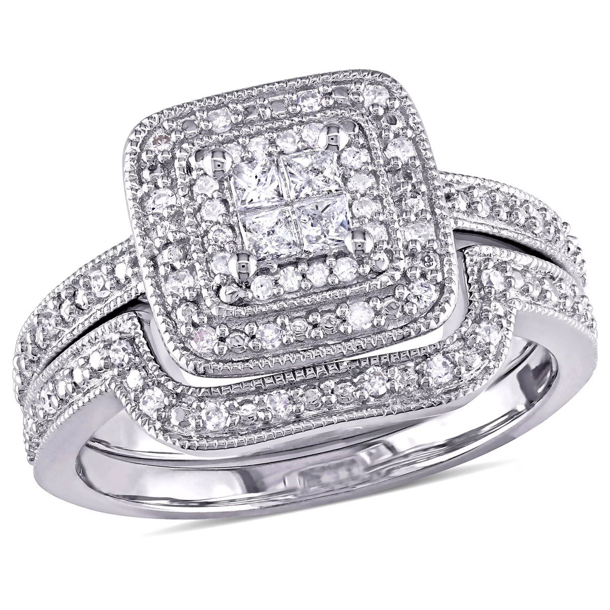 Bridal Set with Princess and Round-Cut Diamond Sterling Silver Halo Set E320