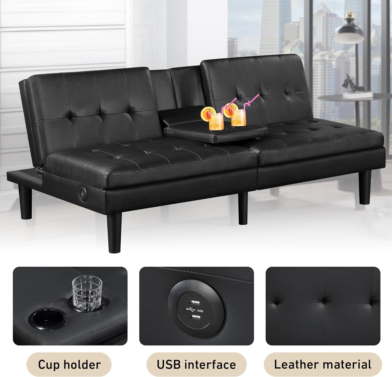 Faux Leather Futon Convertible Sofa Bed with USB & 2 Cupholders L933