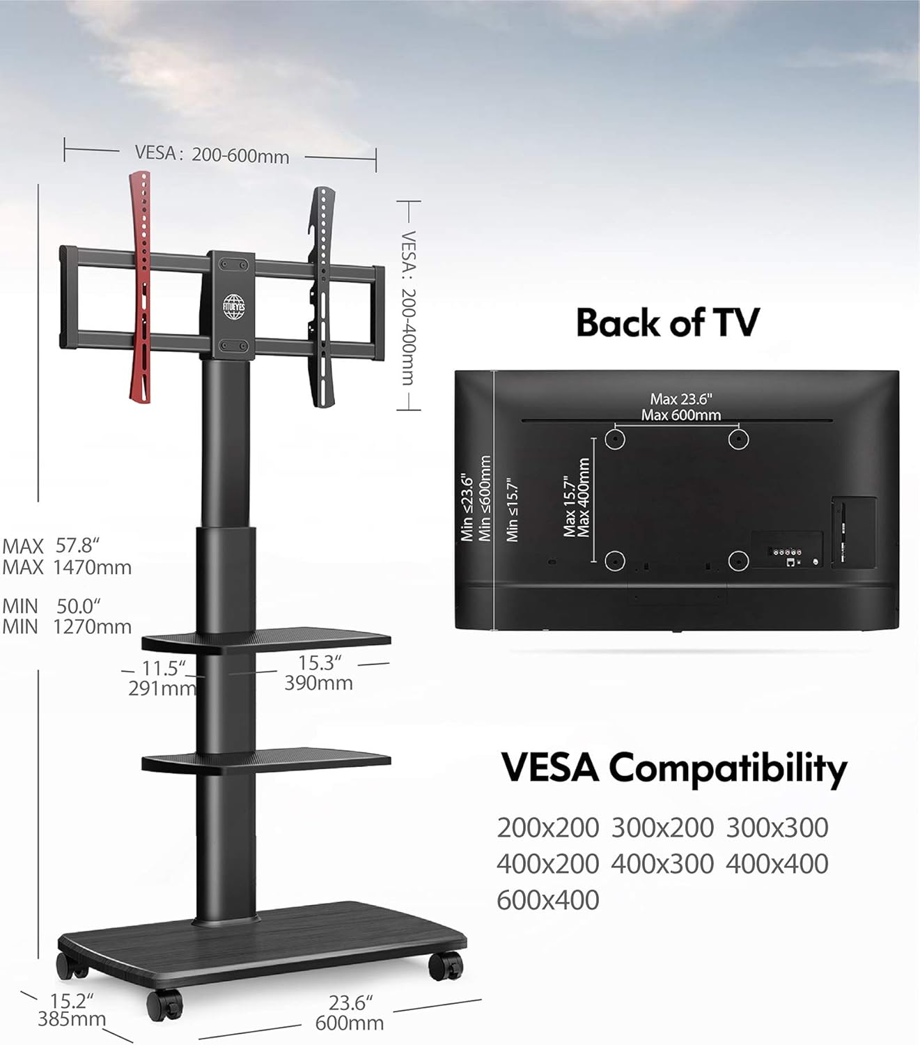 Black Rolling TV Stand for 32-65 Inch TVs Q661