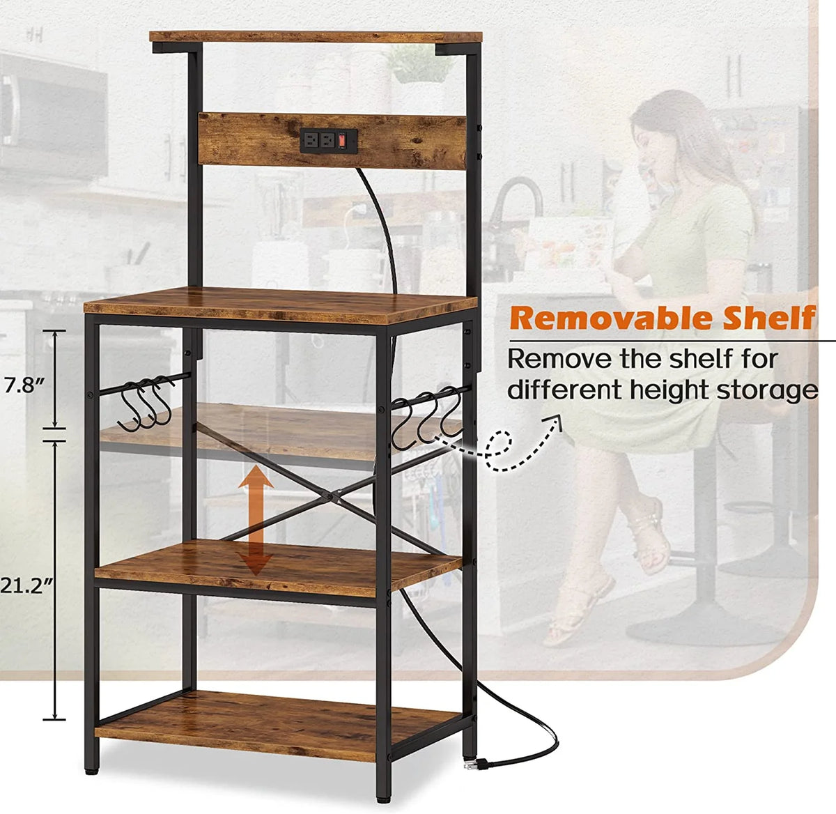 Charcoal Gray 4 Tiers Kitchen Storage Shelf Rack with Power Outlet H4490
