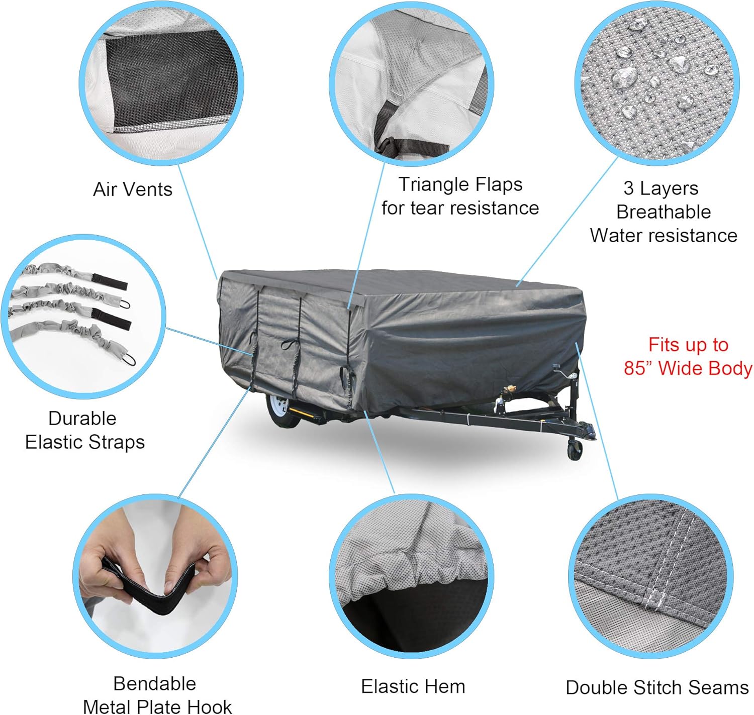 Pop-up Folding Camper Cover Reinforced Windproof Side-Straps Anti-UV Water-Resistance Triple Layers Heavy Duty for Trailer RV Motorhome I82359