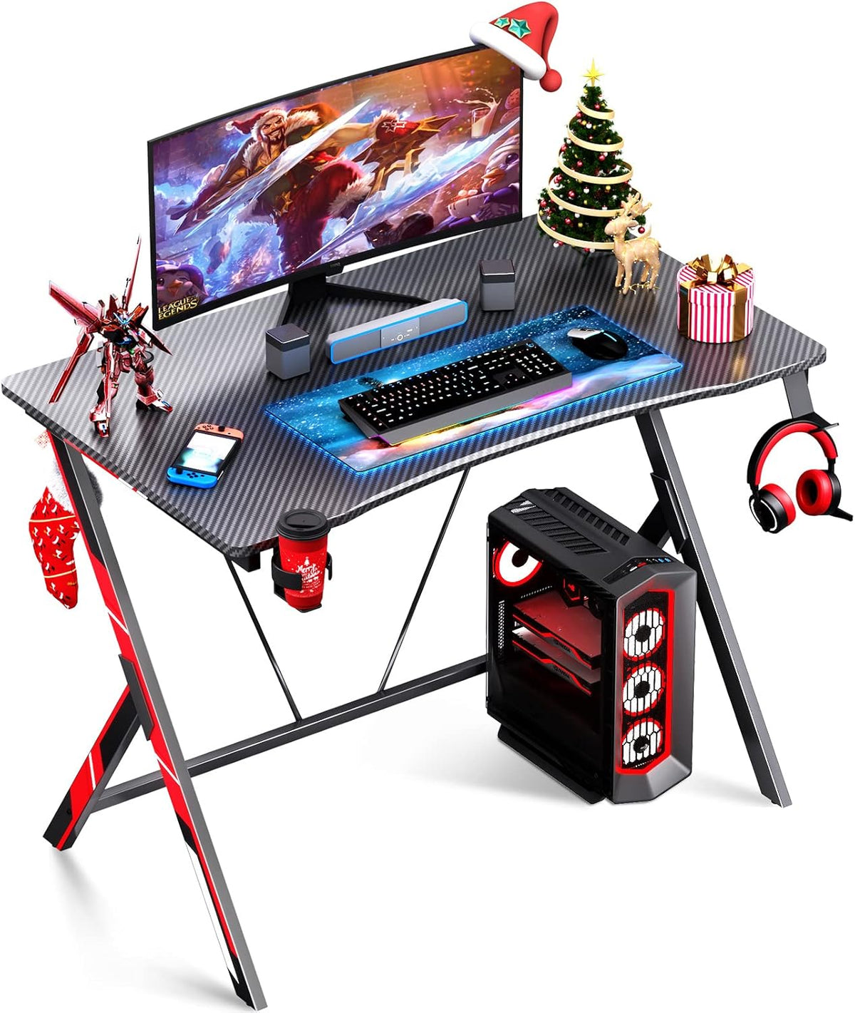 31 inch Gaming Desk with Carbon Fiber Surface and Headphone Hook and Cup Holder V64255