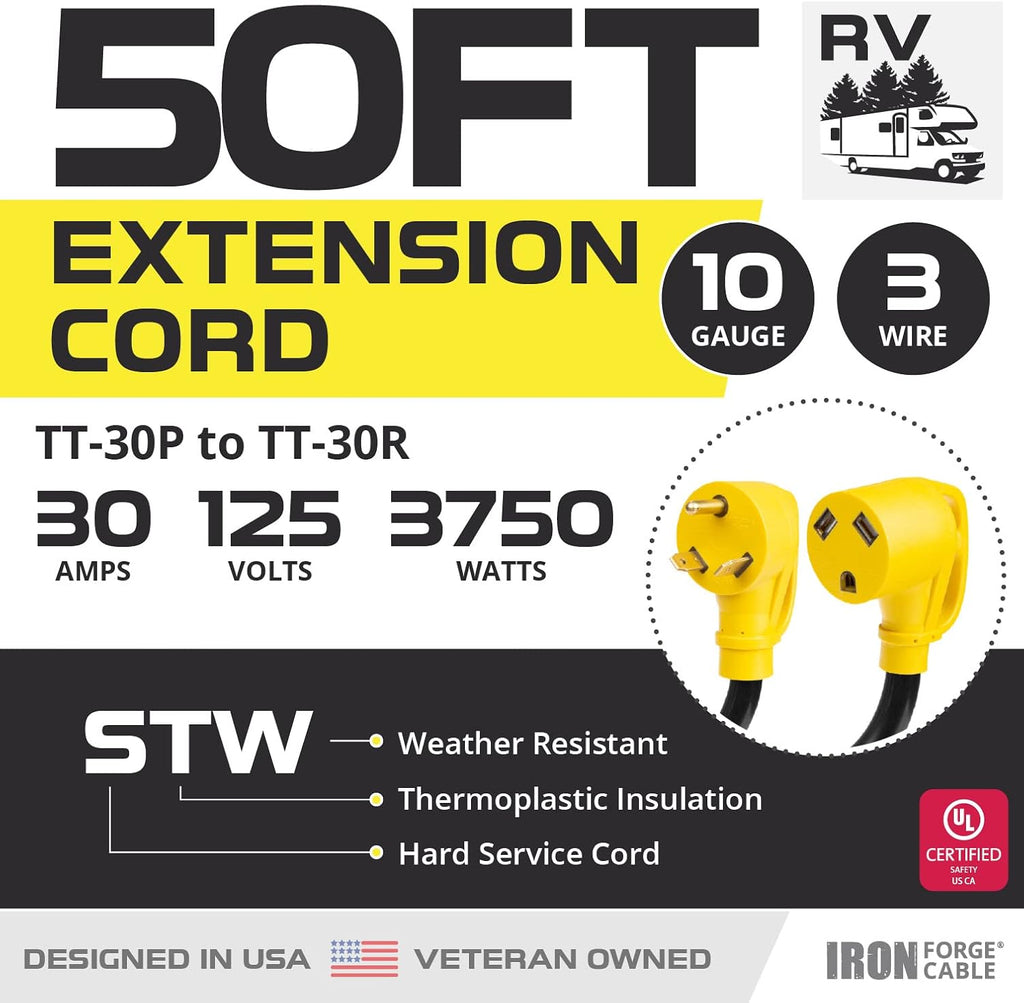 30 Amp RV Extension Cord 25 Ft 10/3 STW TT-30P to NEMA L5-30R 125v Power Cord Q93677