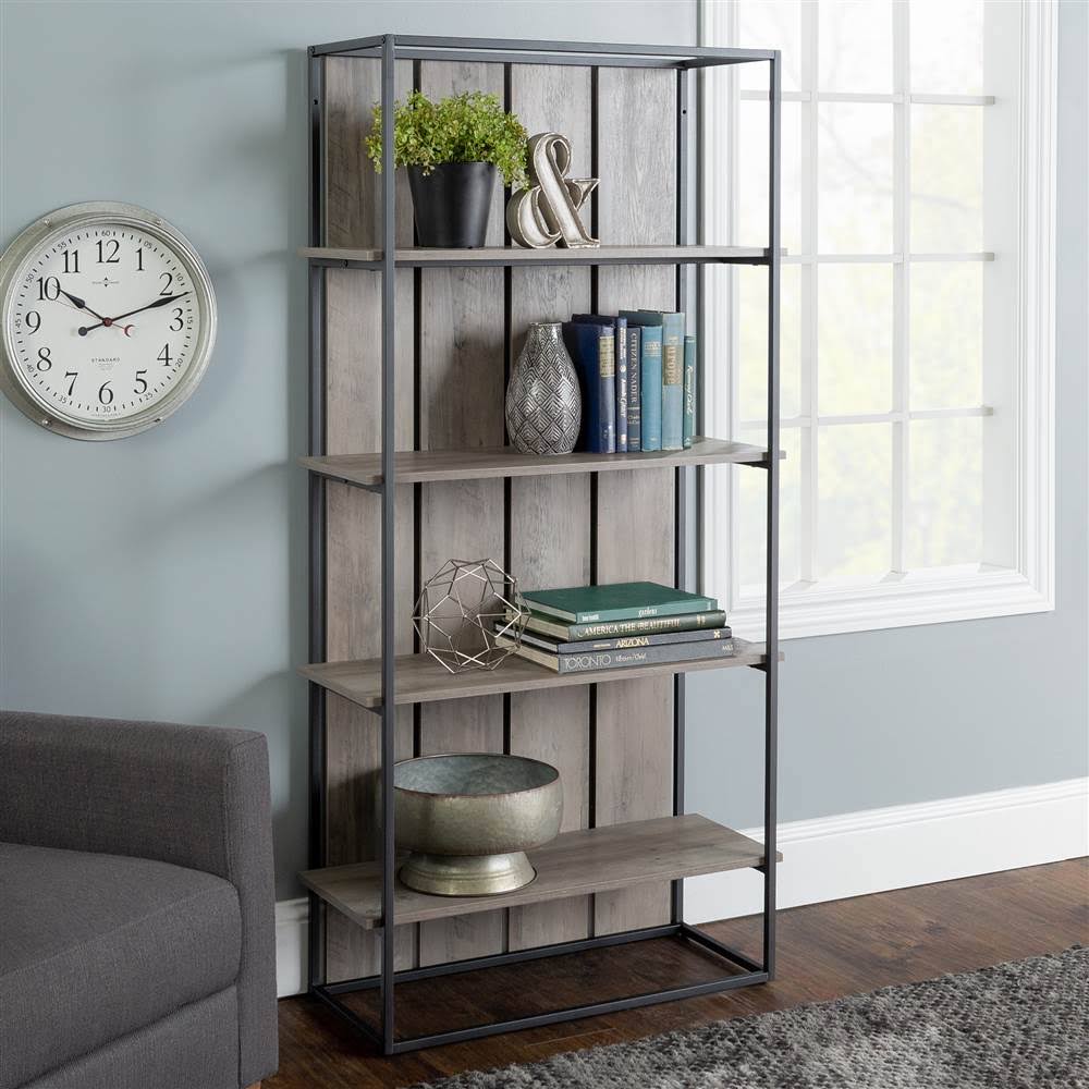 Grey Wash Black Metal Farmhouse Bookcase L92307