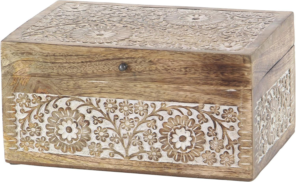 Natural Rectangular Carved Floral Wooden Boxes with Lid Set of 3 I648420