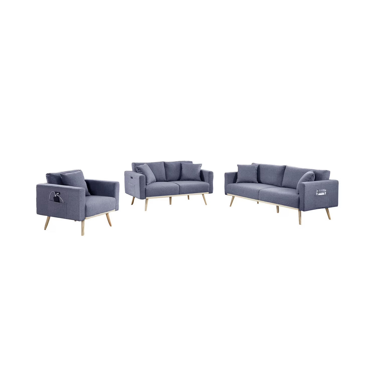 Dark Gray Linen Fabric Sofa Loveseat Chair Set with USB Charging Ports & Pillows M228