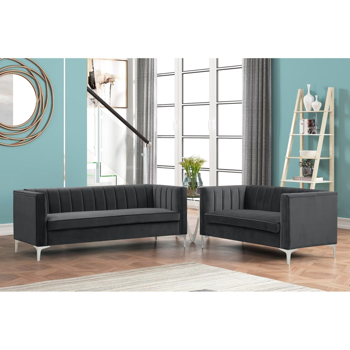 Grey Dutch Velvet Loveseat and Sofa Couch Set with Iron Legs N454