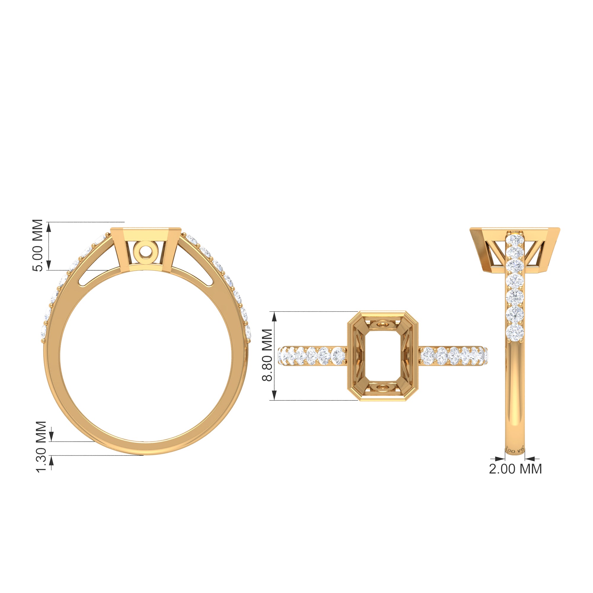 Octagon Cut Moissanite Solitaire Ring in Bezel Setting with Surface Side Stones, 10K White Gold, US 3.50 M2489
