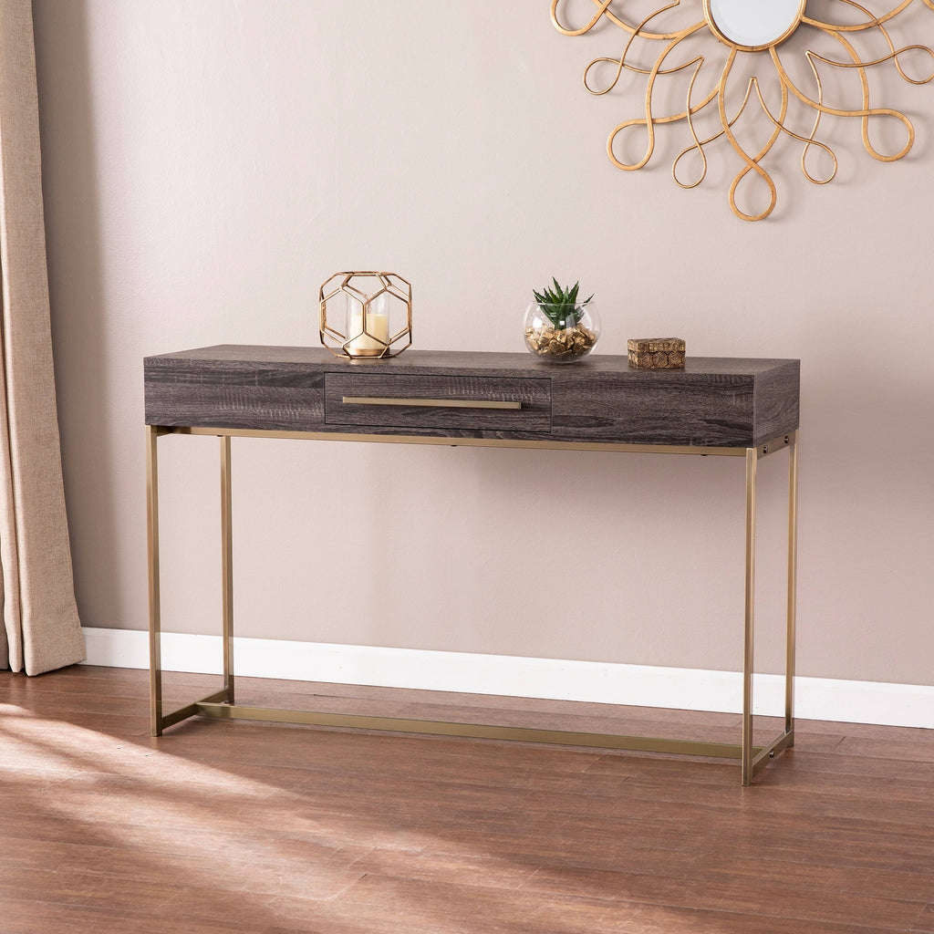 Black Oak Antique Brass Console Table with Storage W59766