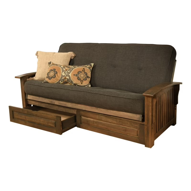 Walnut Futon with Drawers and Linen Gray Mattress J394