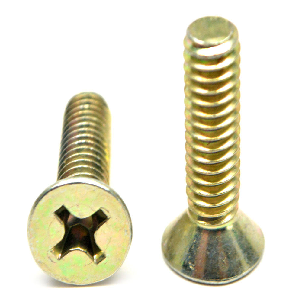 #4-40 x 5/16 Coarse Thread Machine Screw Phillips Flat Head 100 Degree Low Carbon Steel Yellow Zinc Plated Pk 10000 H501