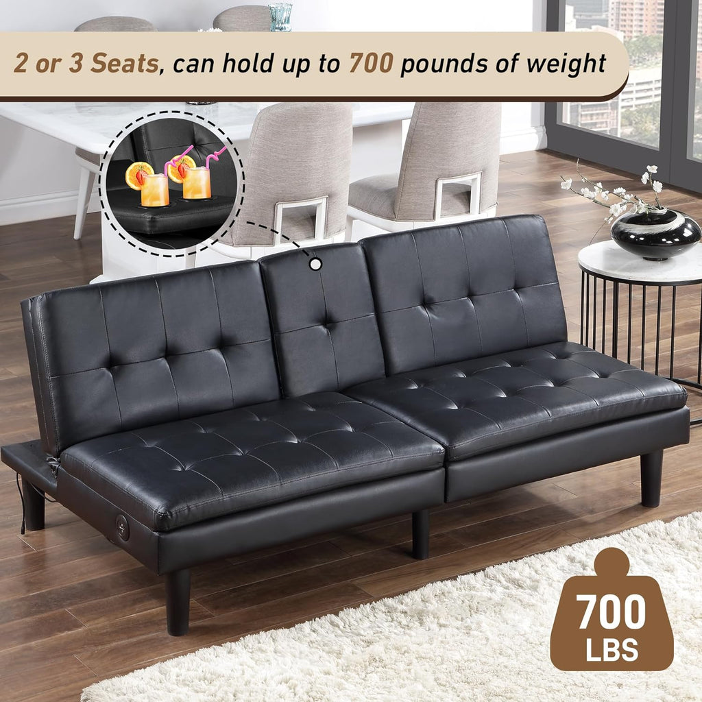 Faux Leather Futon Convertible Sofa Bed with USB & 2 Cupholders L933