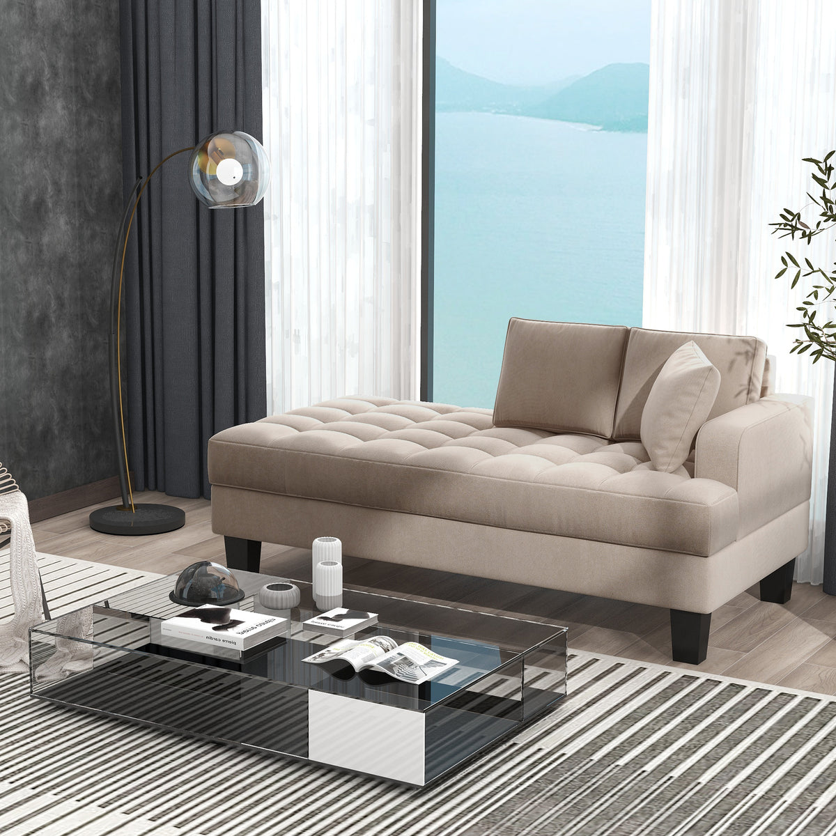Warm Grey Tufted Fabric Chaise Lounge with Toss Pillow T929593