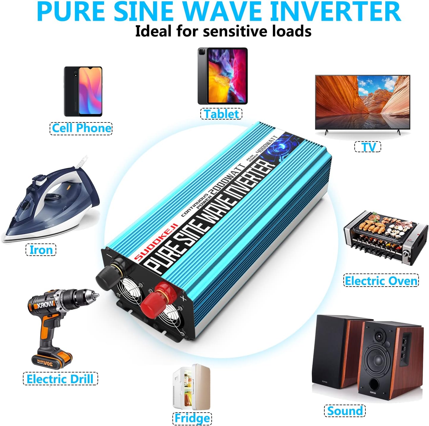 2000W Pure Sine Wave Power Inverter 12V DC to AC 110V/120V Converter with LCD Display R2008