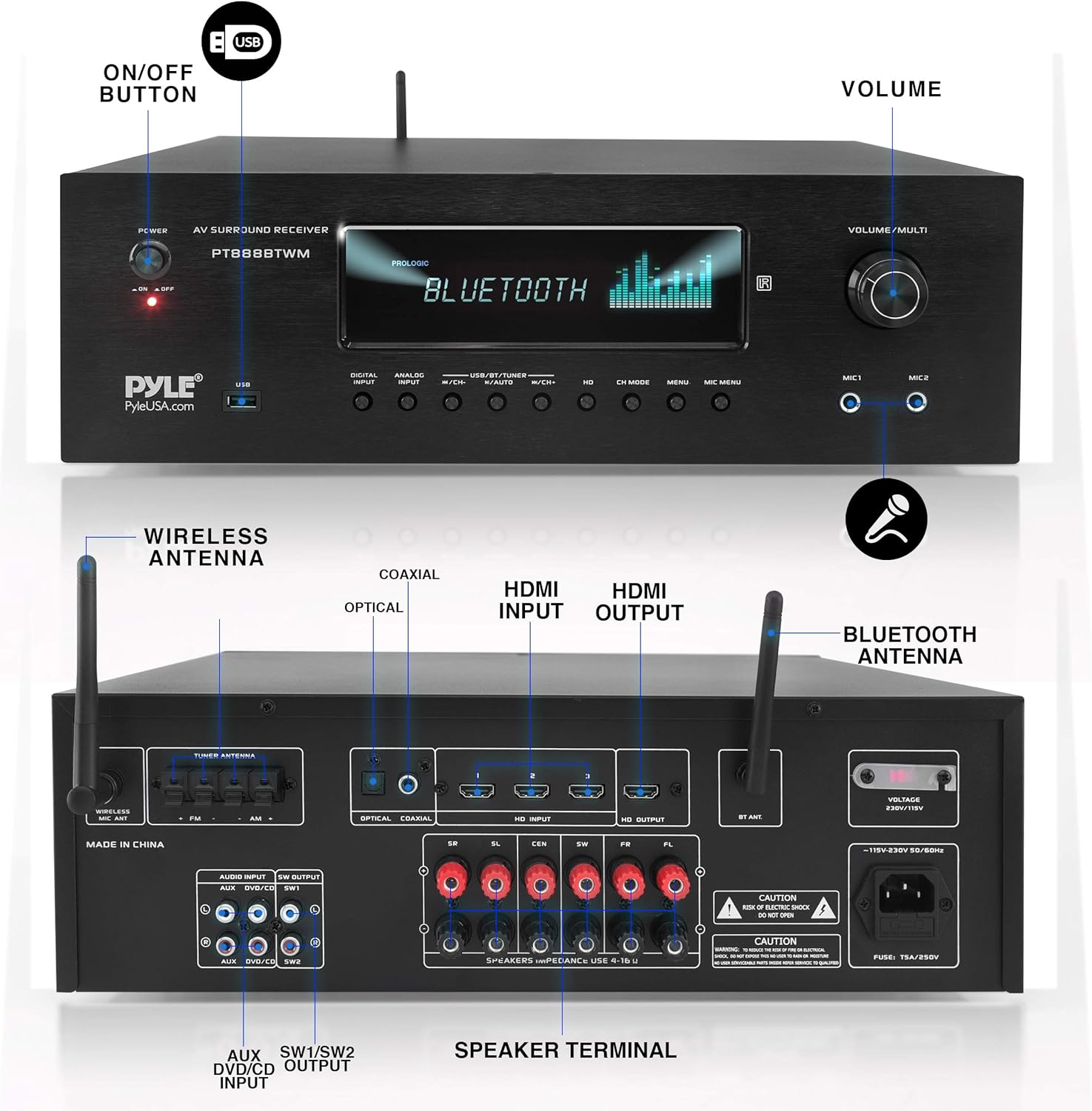 1000W Bluetooth Stereo Amplifier with 2 UHF Wireless Microphone W437175
