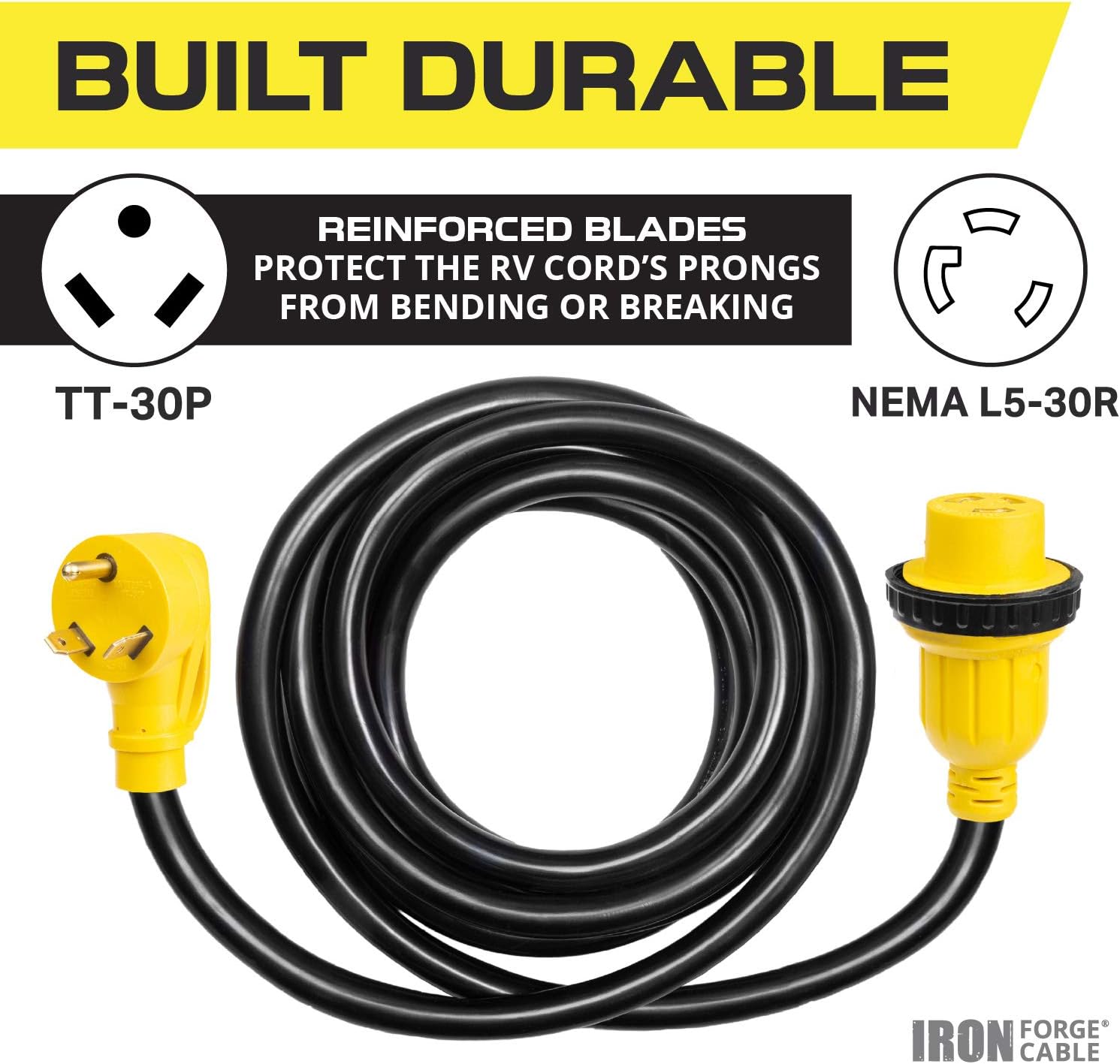 30 Amp RV Extension Cord 25 Ft 10/3 STW TT-30P to NEMA L5-30R 125v Power Cord Q93677