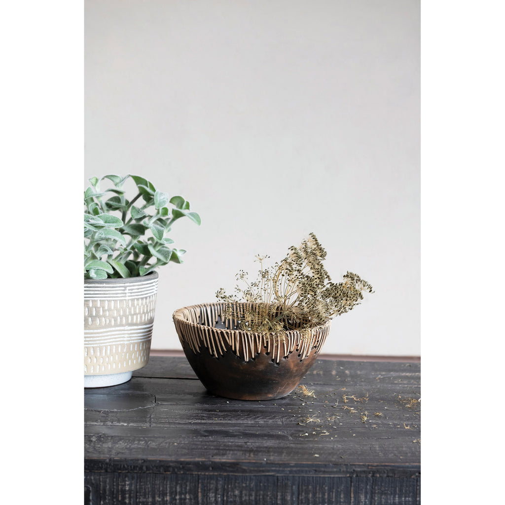 Brown Terra Cotta Bowl with Rattan Stitching G833