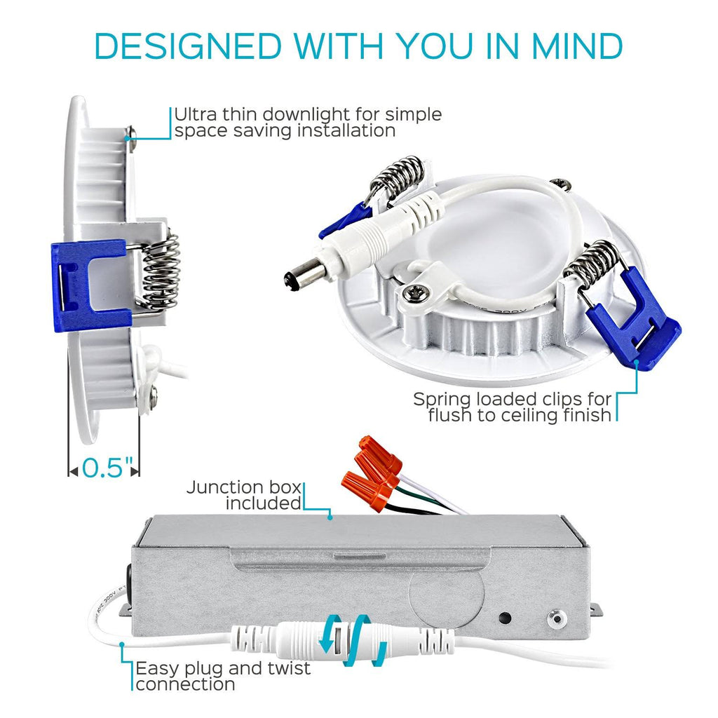 3 inch Ultra Thin LED Recessed Light with Junction Box, 7W, 5000K Dimmable, 450 Lumens S847425