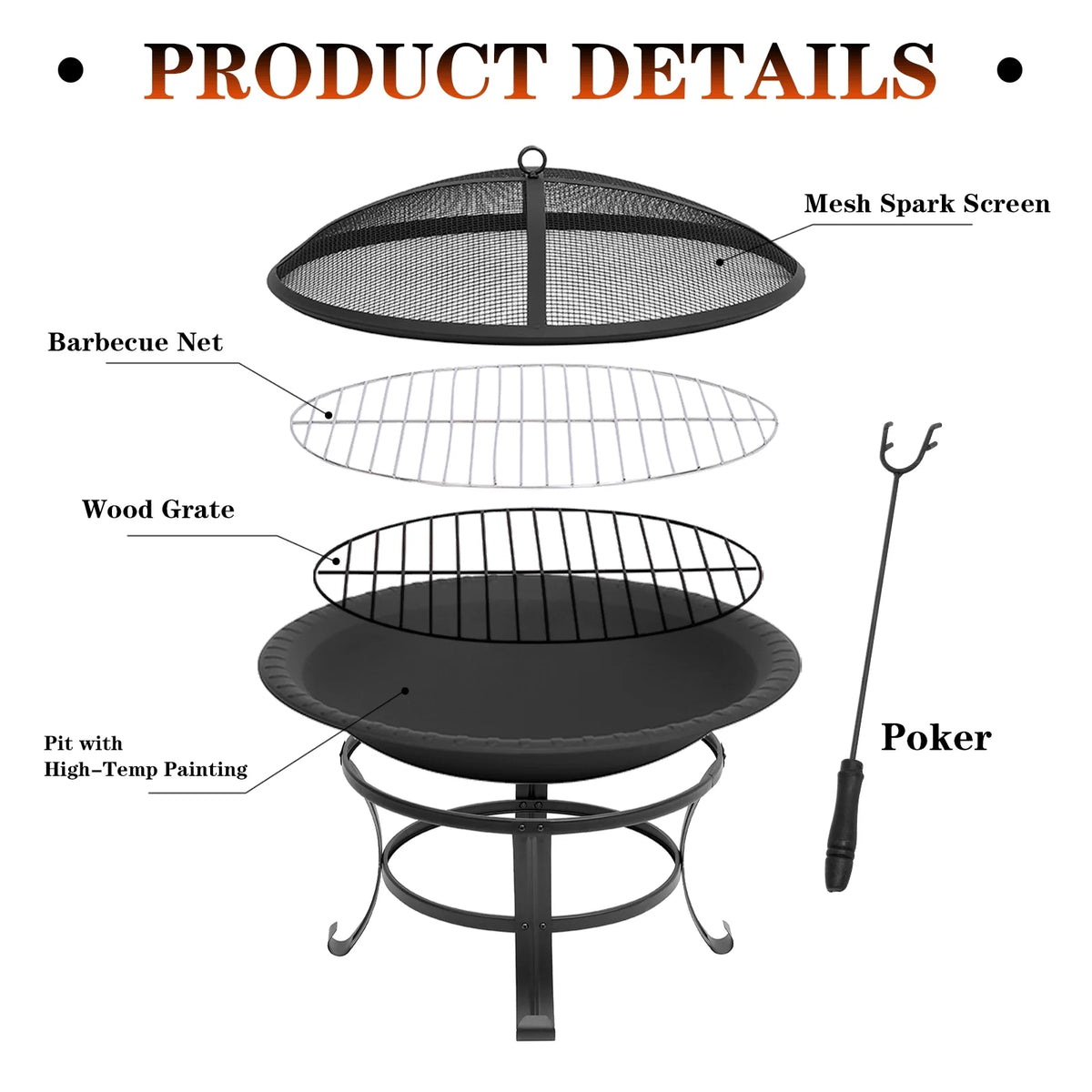 26" Wood Burning Steel Fire Pit with Spark Screen Q85226